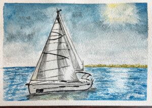 Dibujo pintado en acuarela de Velero en el paisaje marino