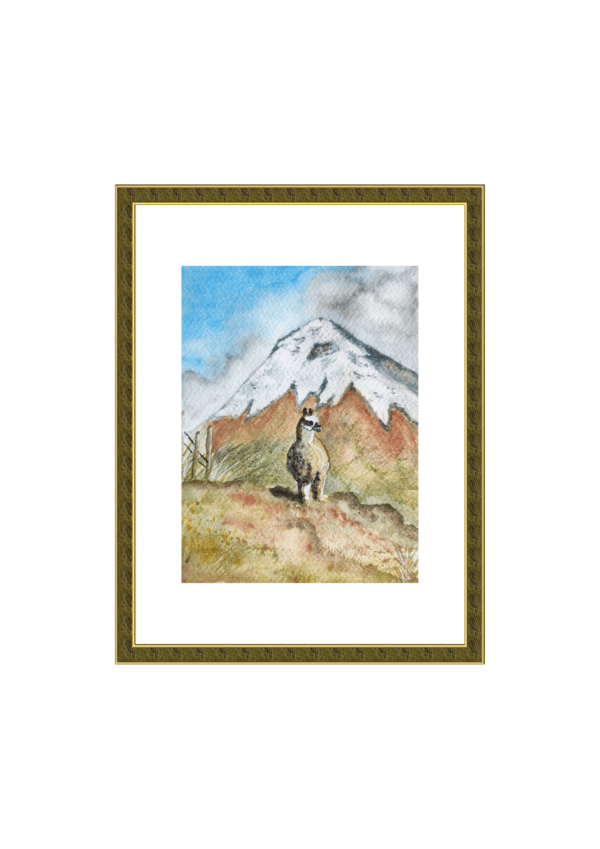 Acuarela de paisaje andino en marco de madera oscuro